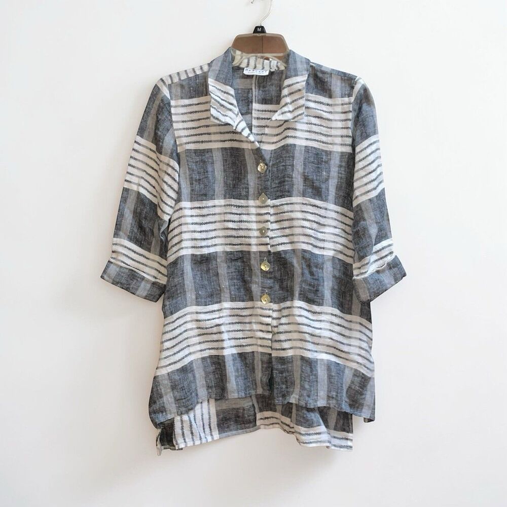 Habitat XS Artsy Lagenlook 100% Linen Gray Plaid Blouse Tunic 3/4 Sleeve